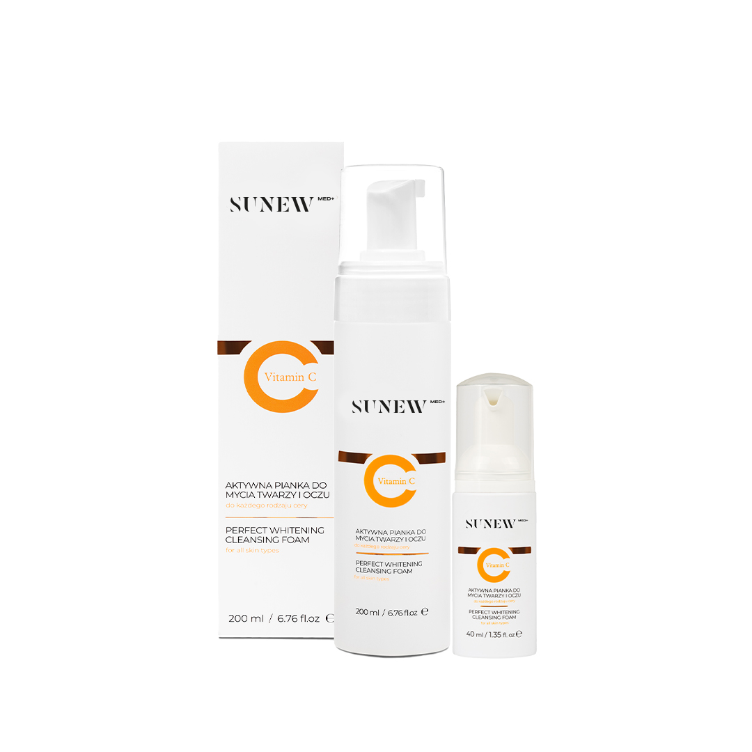 ```json { "alt": "Sunew Med+ Vitamin C Perfect Whitening Cleansing Foam and packaging.", "title": "Sunew Med+ Vitamin C Cleansing Foam and Packaging" } ```